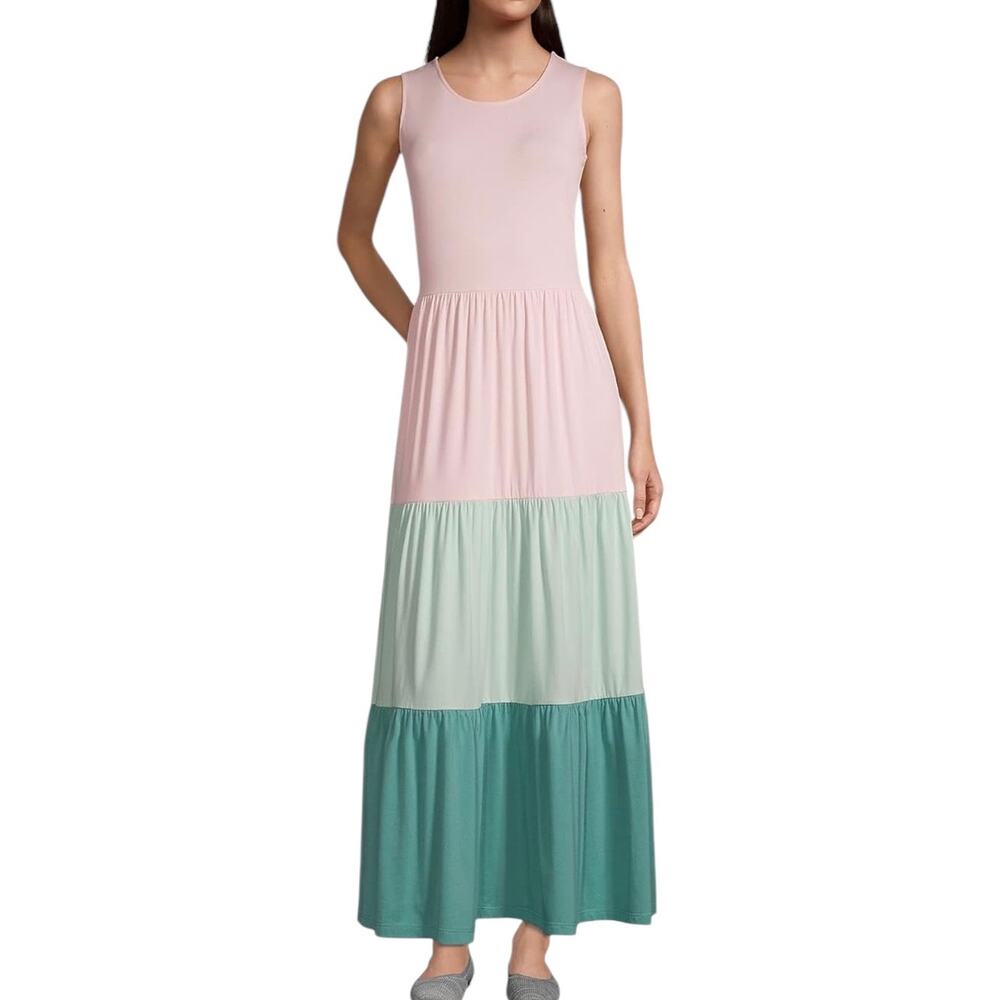 Lands' End Dress Women Size M Colorblock Tired Maxi Easter Dress Fit Flare‎